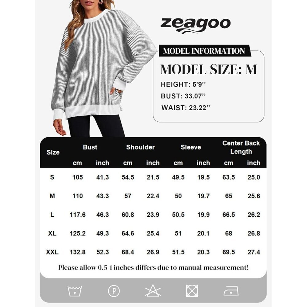 Women's Long Sleeve Ribbed Knit Pullover Black White Casual Sweaters Top - Picture 5 of 5